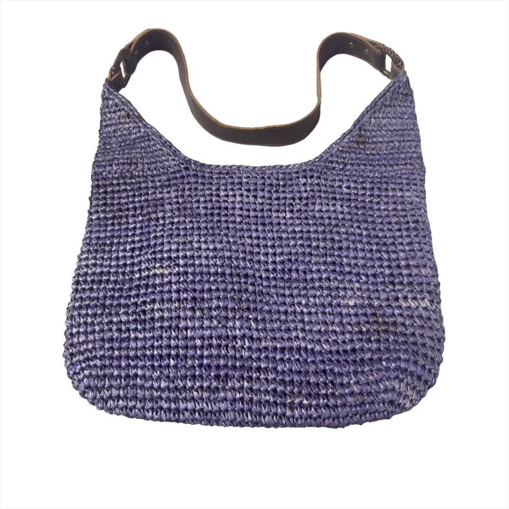J.JILL Woven Straw Shoulder Bag Blue Boho Hobo Tote Leather Strap - Picture 5 of 10